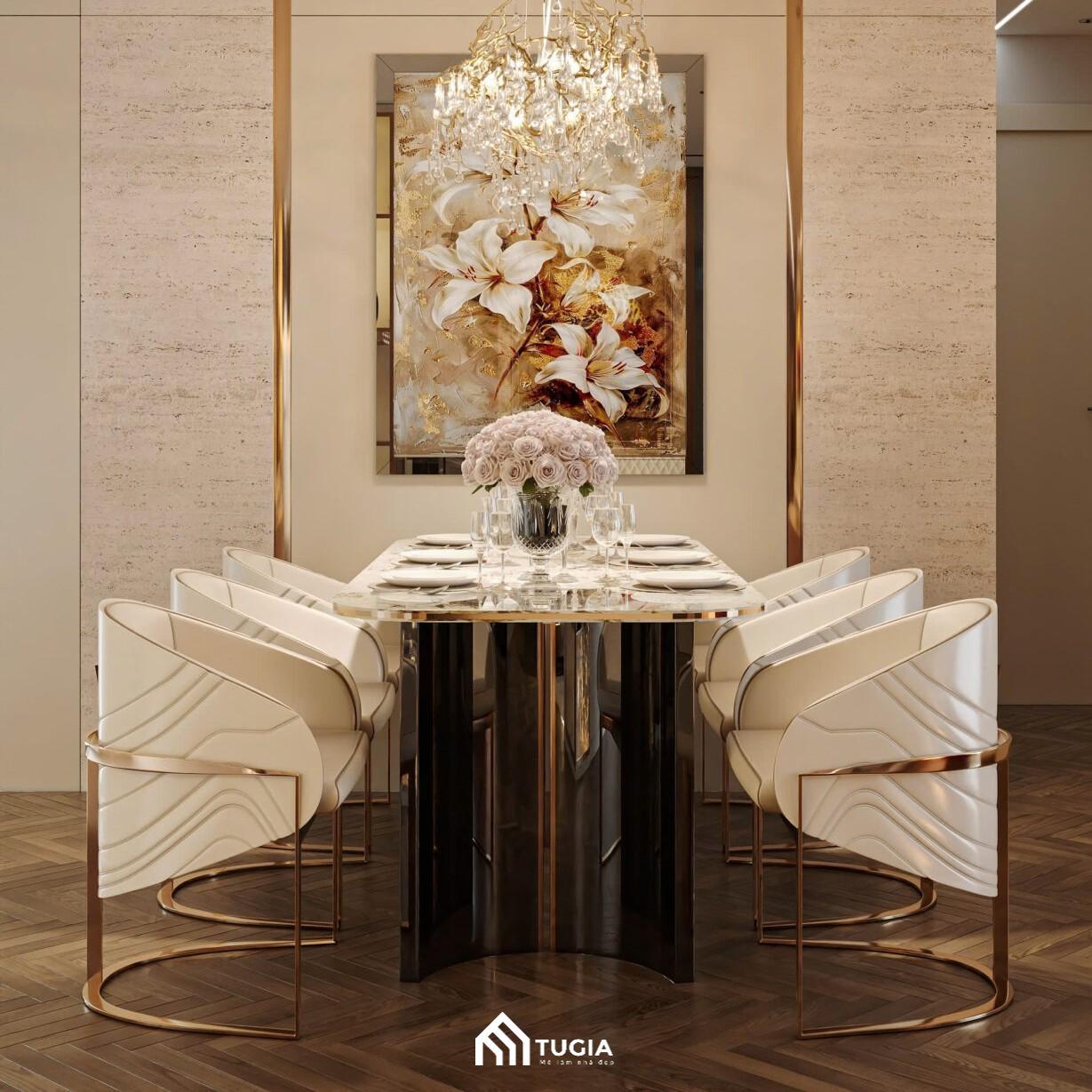 Đèn trùm thả trần trang trí cho bàn ăn là thứ không thể thiếu trong phong cách Luxury