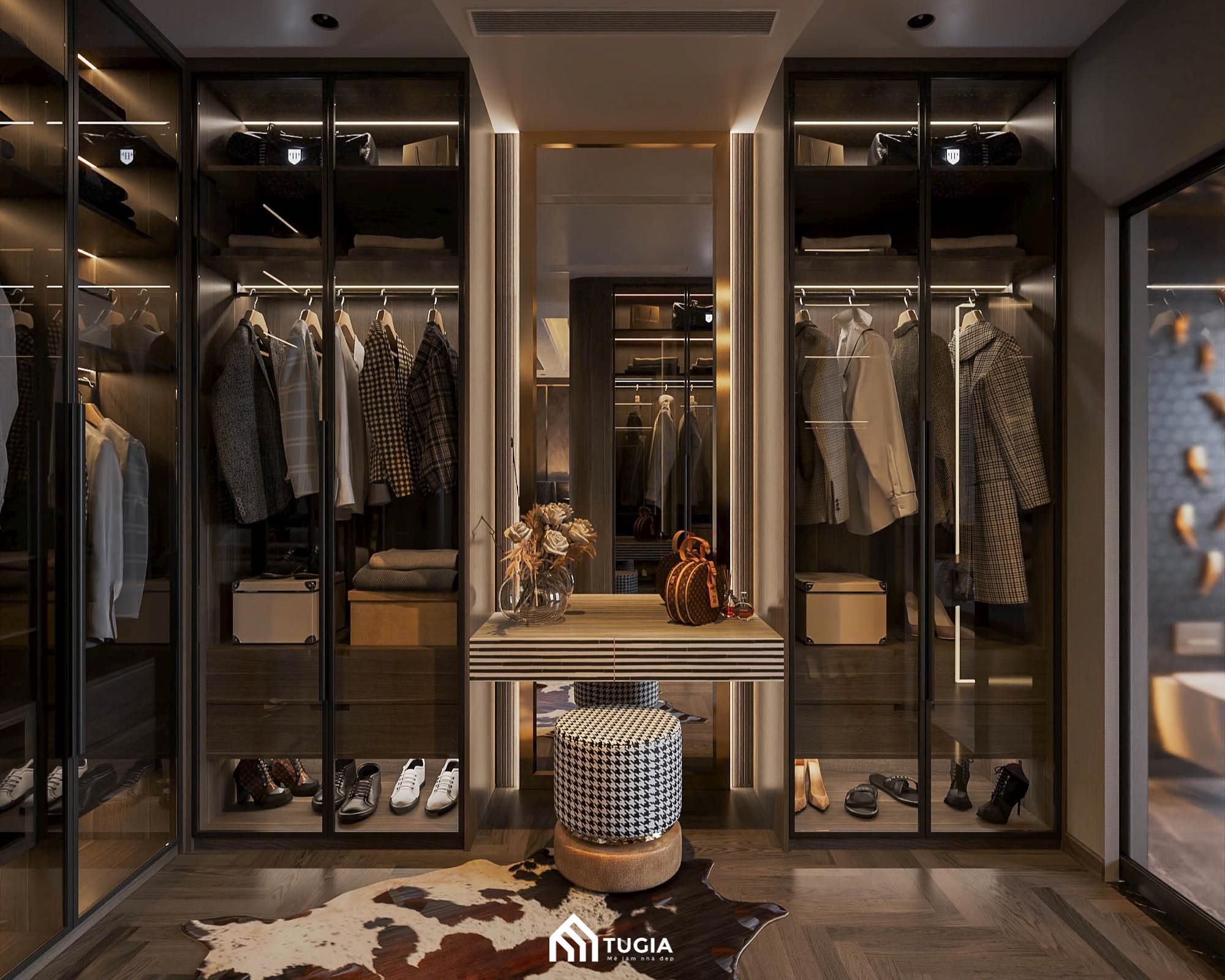 Thiết kế phòng thay đồ hiện đại cho chung cư 100m2 với vách kính giúp tăng tính thẩm mỹ cho không gian