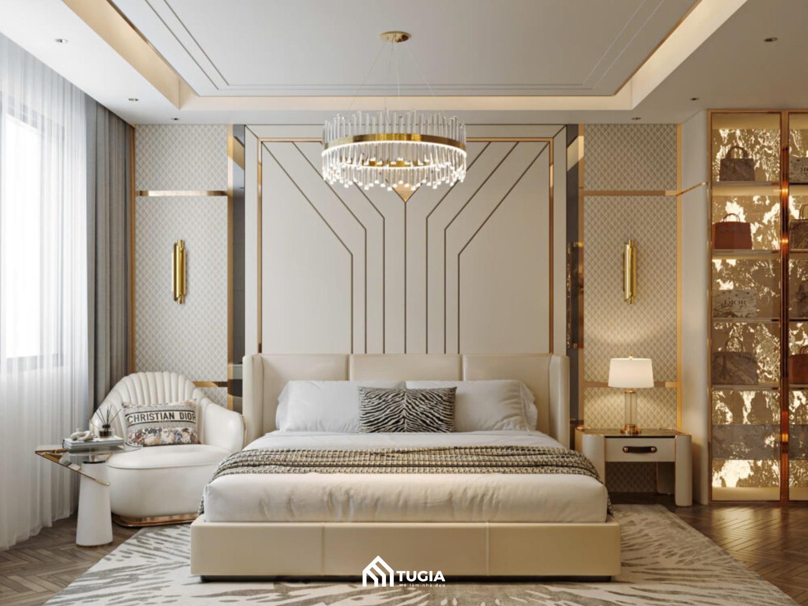 Mẫu phòng ngủ Luxury thường sử dụng những vật liệu cao cấp như vải nhung, lam gỗ, kính cường lực