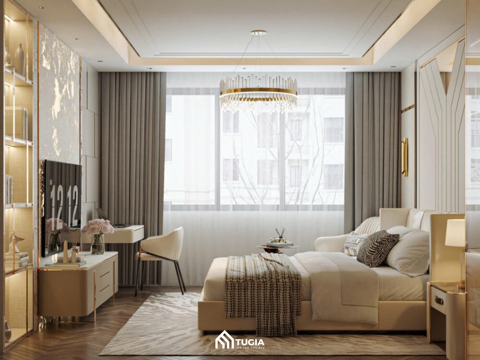 Căn phòng ngủ với đầy đủ nội thất từ bàn phấn, tủ quần áo cho đến kệ tivi cao cấp