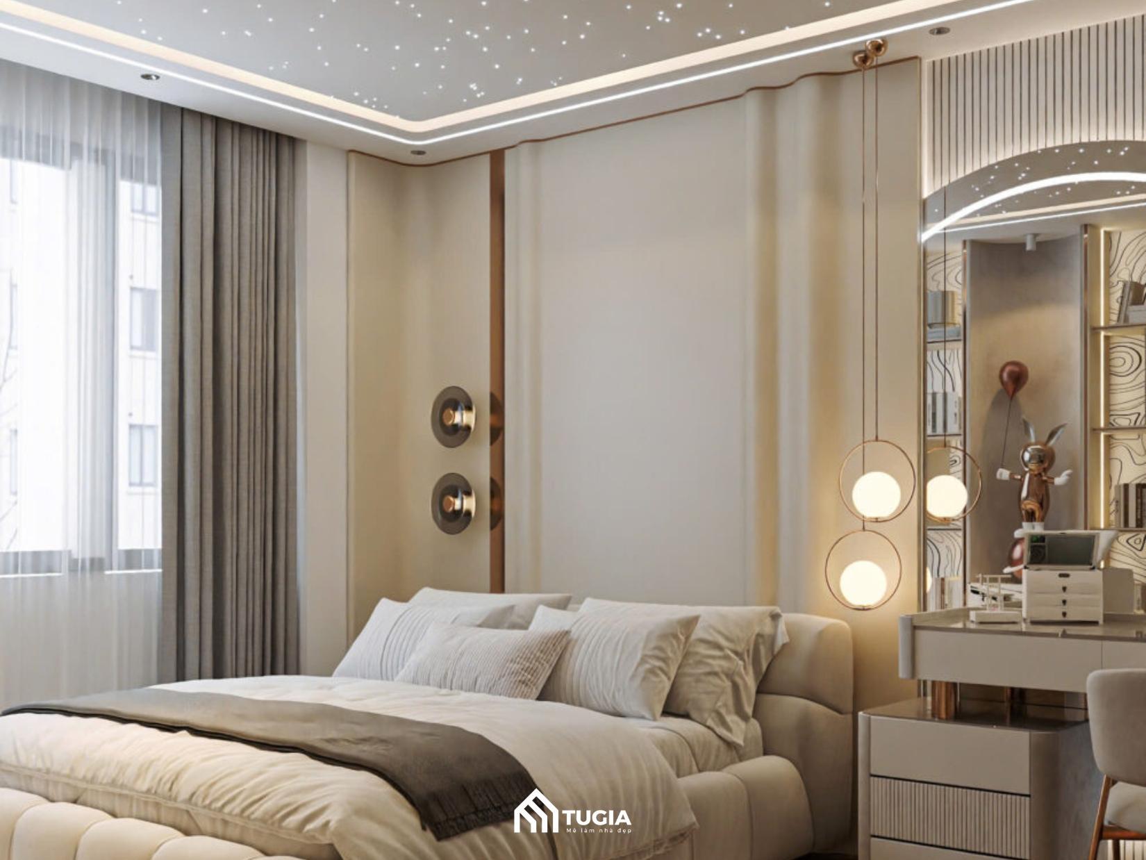 Thiết kế nội thất chung cư 100m2 với trần phòng ngủ được trang trí lấp lánh