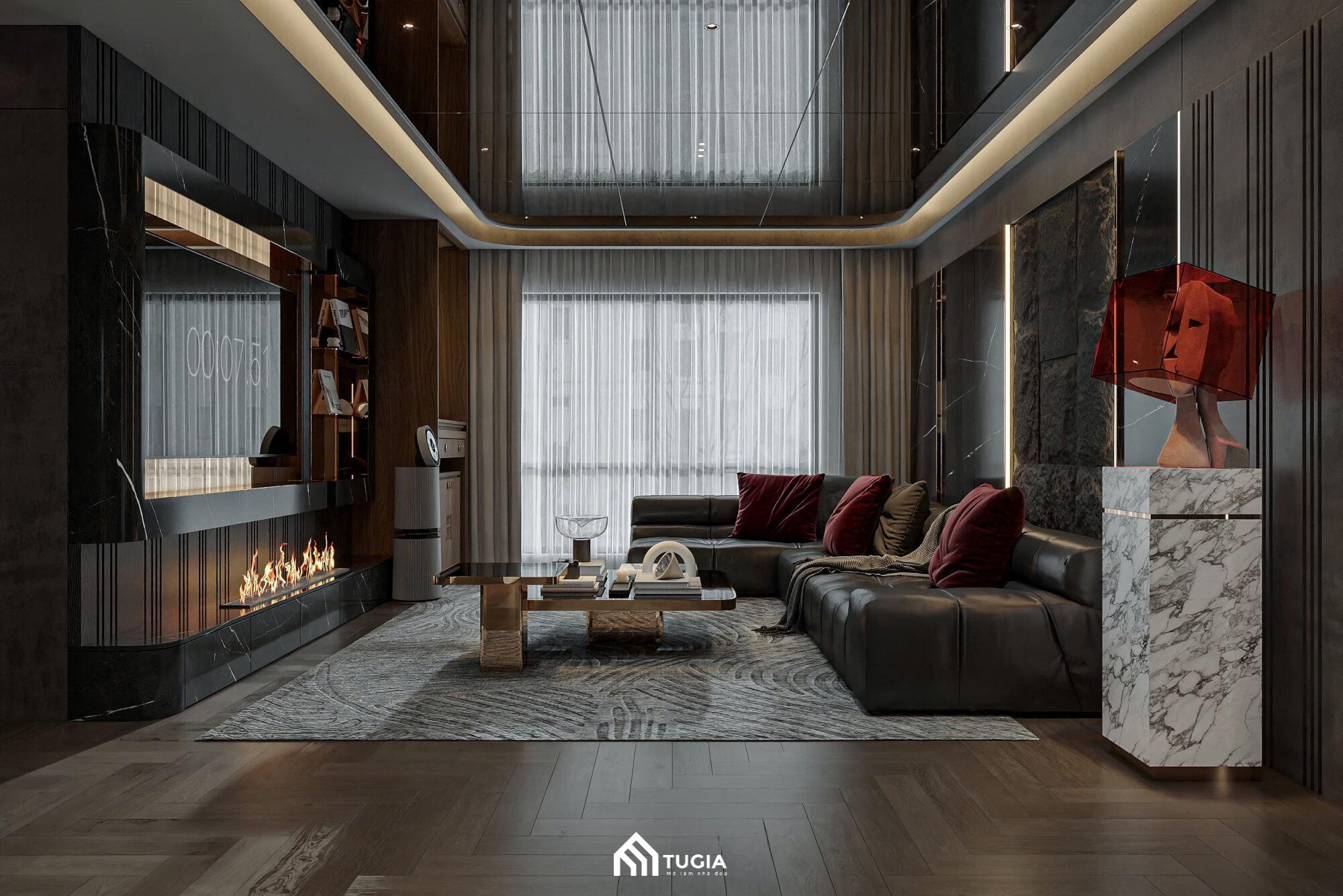 Thiết kế nội thất chung cư 100m2 phong cách hiện đại với bàn thờ đứng được bố trí ngay tại phòng khách giúp tối ưu không gian