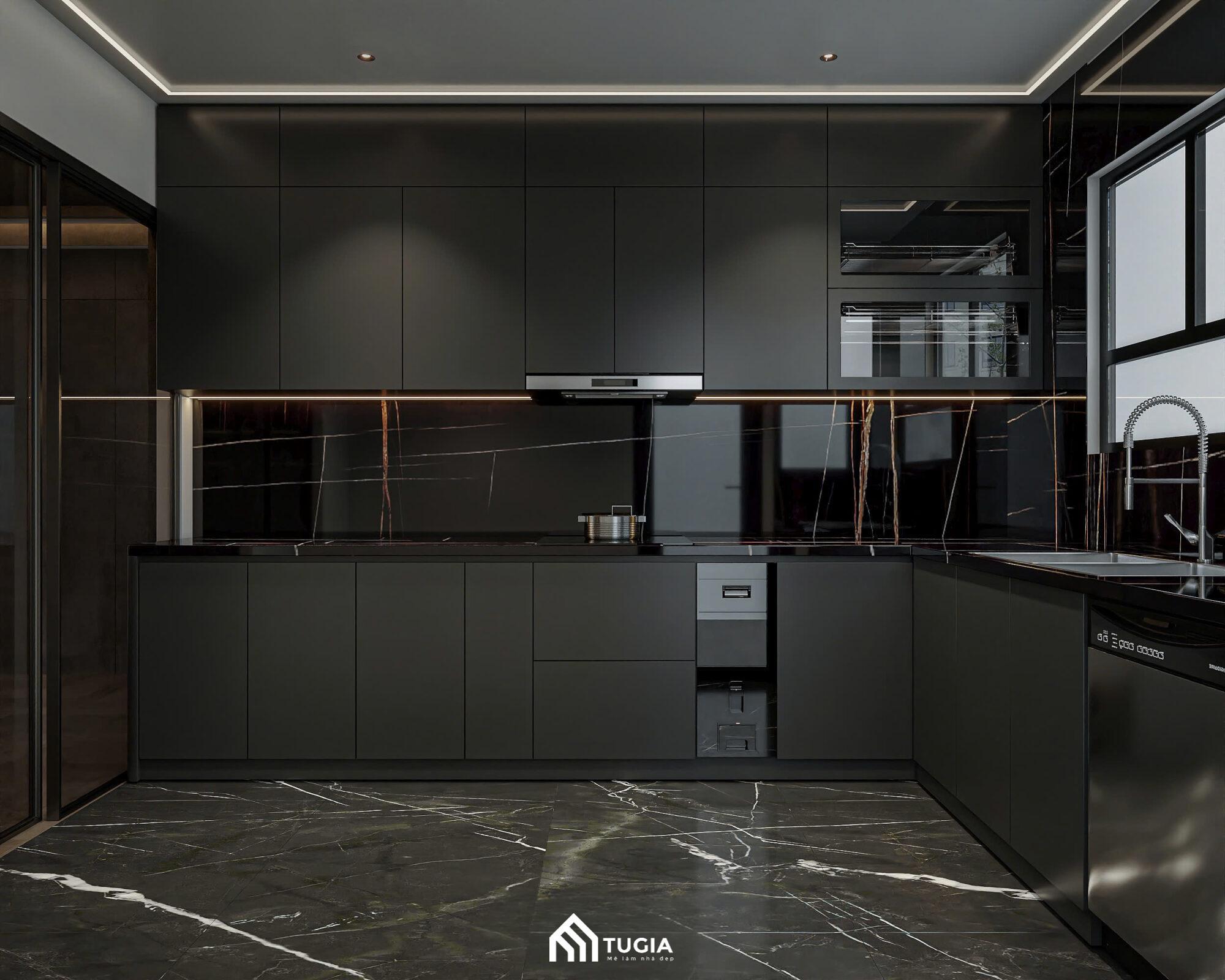 Căn bếp hiện đại với hệ tủ bếp gỗ công nghiệp MDF phủ Melamine màu đen sang trọng