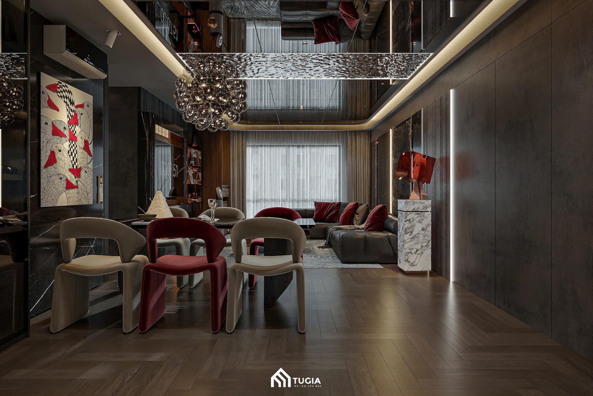 Thiết kế trần nhà bóng gương tạo cảm giác rộng dãi và cao cấp như một căn Duplex