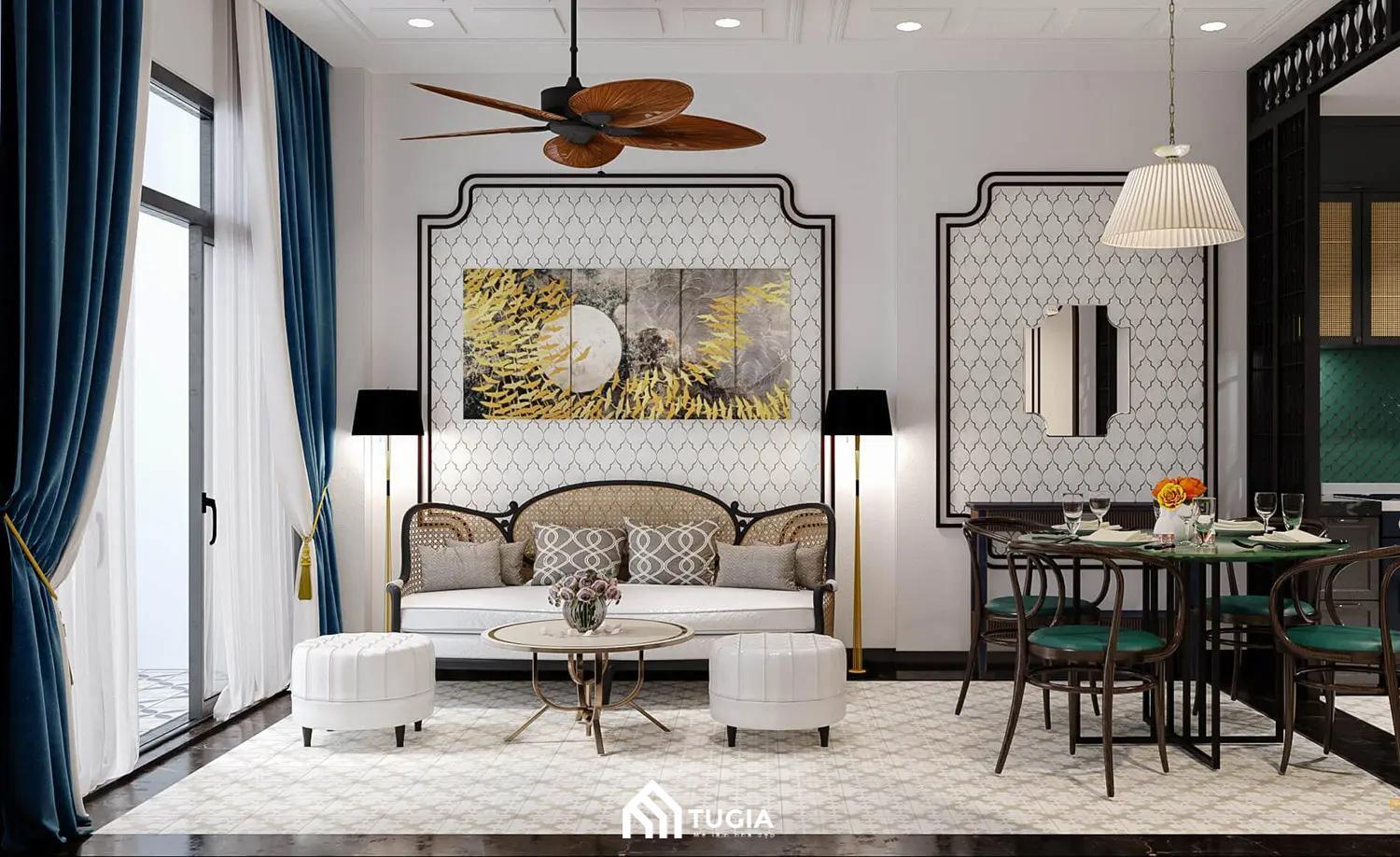 Mẫu thiết kế nội thất chung cư 100m2 phong cách Indochine bố trí dạng không gian mở thông thoáng
