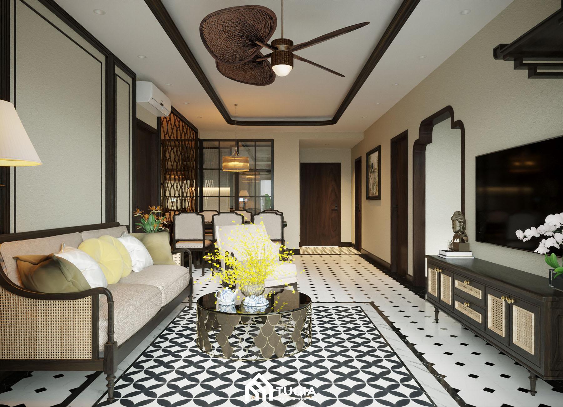 Thiết kế nội thất chung cư 100m2 phong cách Đông Dương dành cho những ai yêu thích vẻ đẹp truyền thống, sang trọng mà thân quen