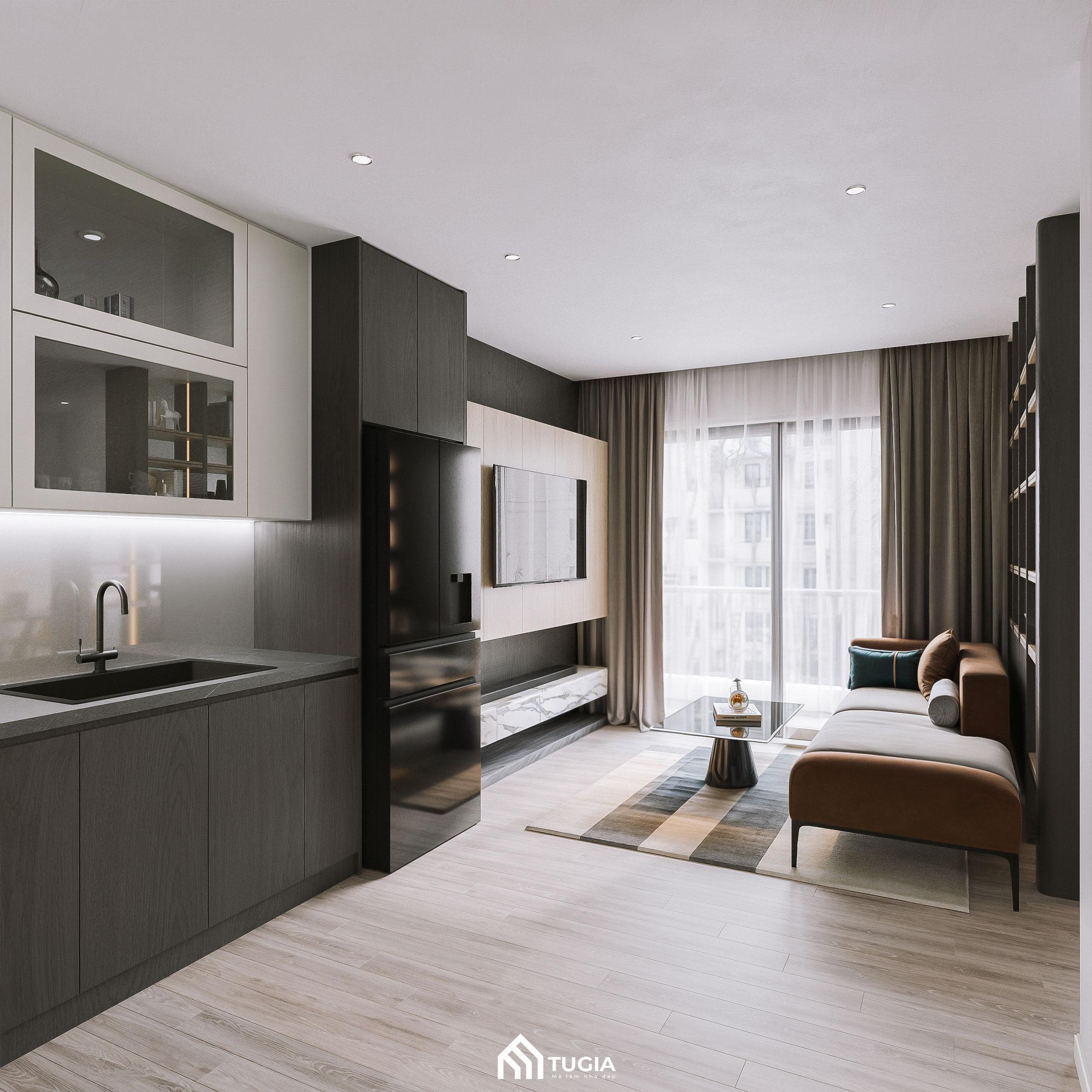 Phòng khách rộng rãi và vô cùng ấm cúng với thiết kế nội thất chung cư 100m2 có 2 phòng ngủ