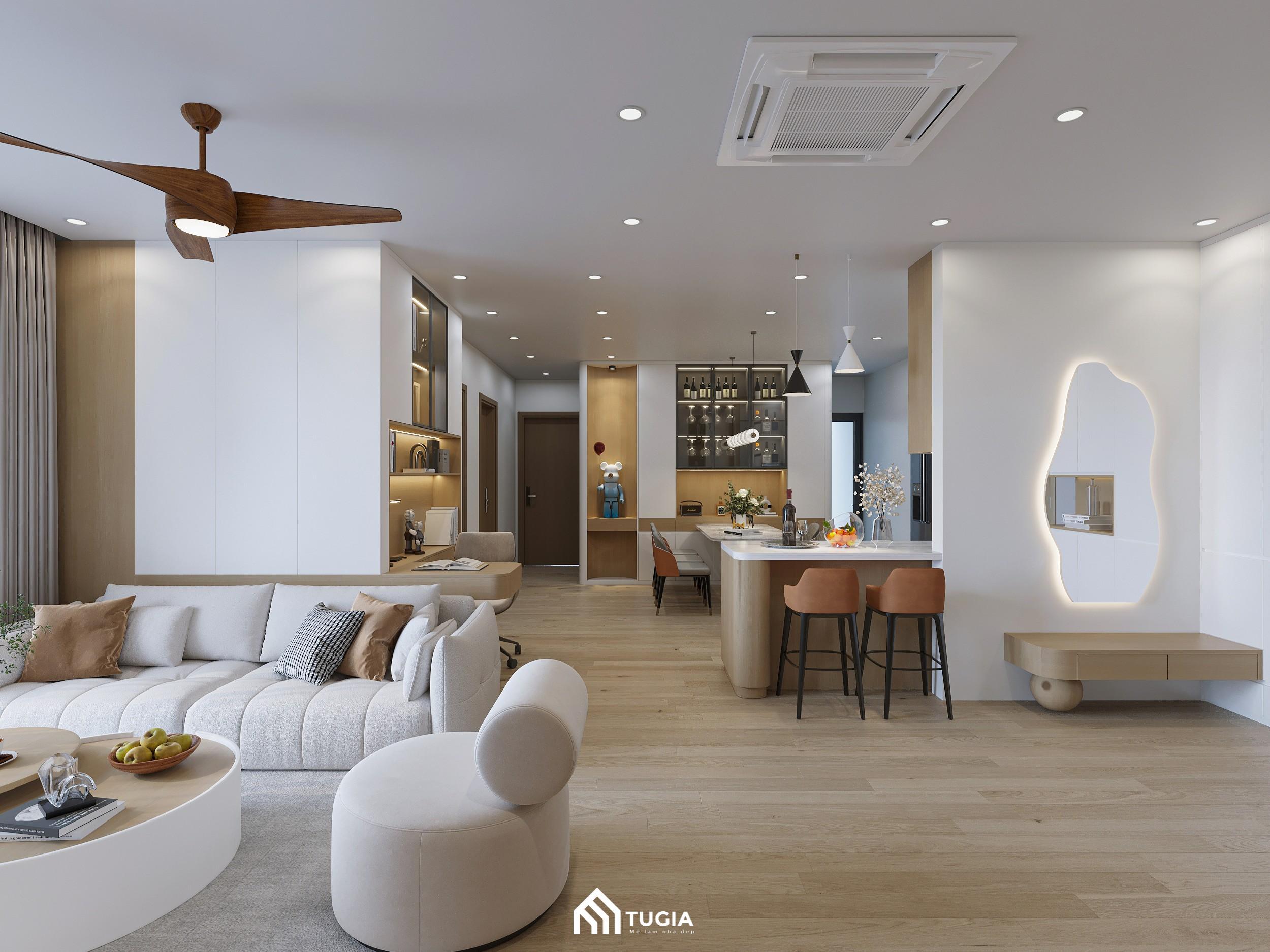 Không gian căn hộ với diện tích rộng rãi được thiết kế theo hướng mở, mang đến cảm giác thoải mái, thông thoáng và thuận tiện hơn trong việc sắp xếp, bố trí nội thất
