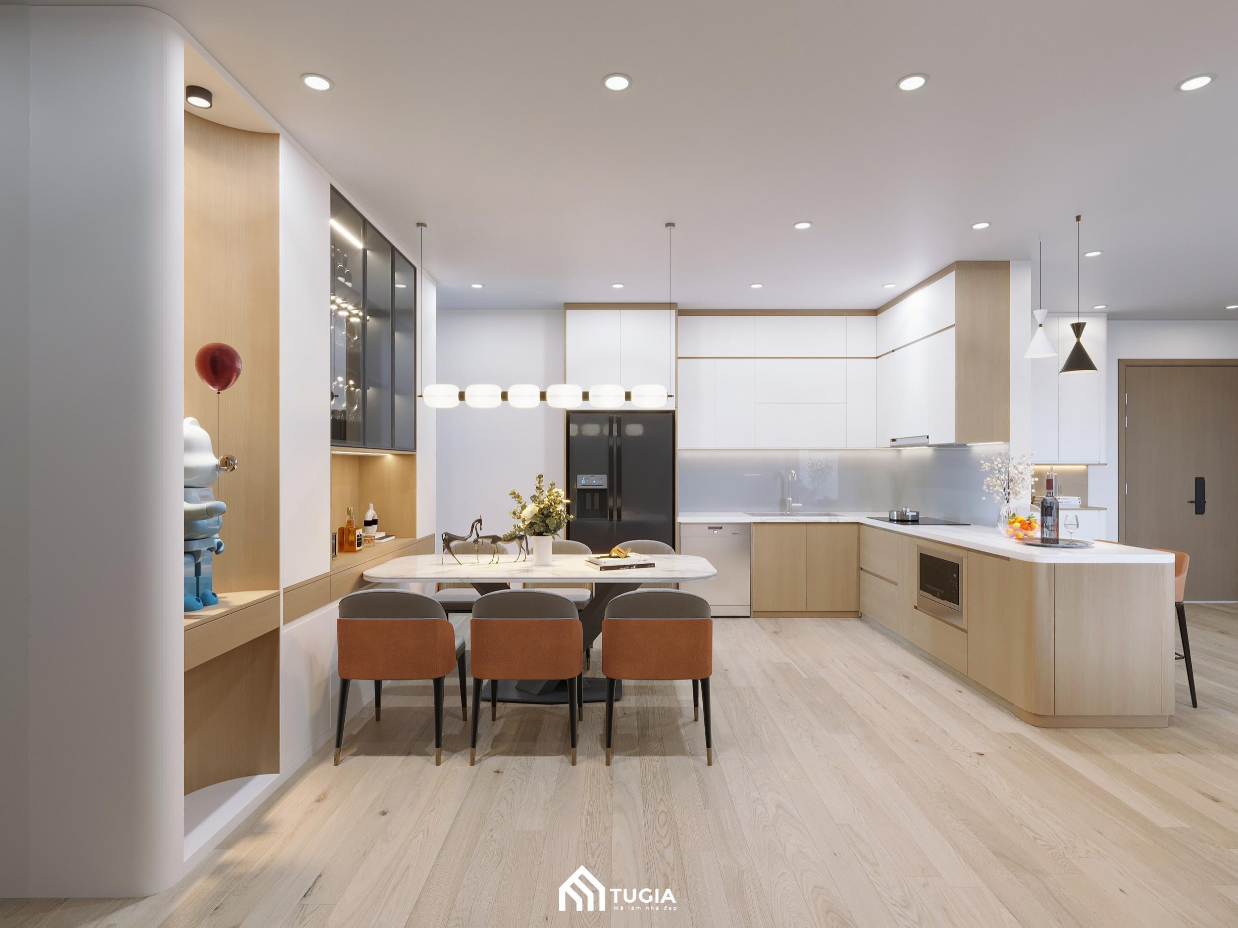 Hệ tủ chữ L trên - dưới linh hoạt, giúp đảm bảo đầy đủ công năng cho gia chủ