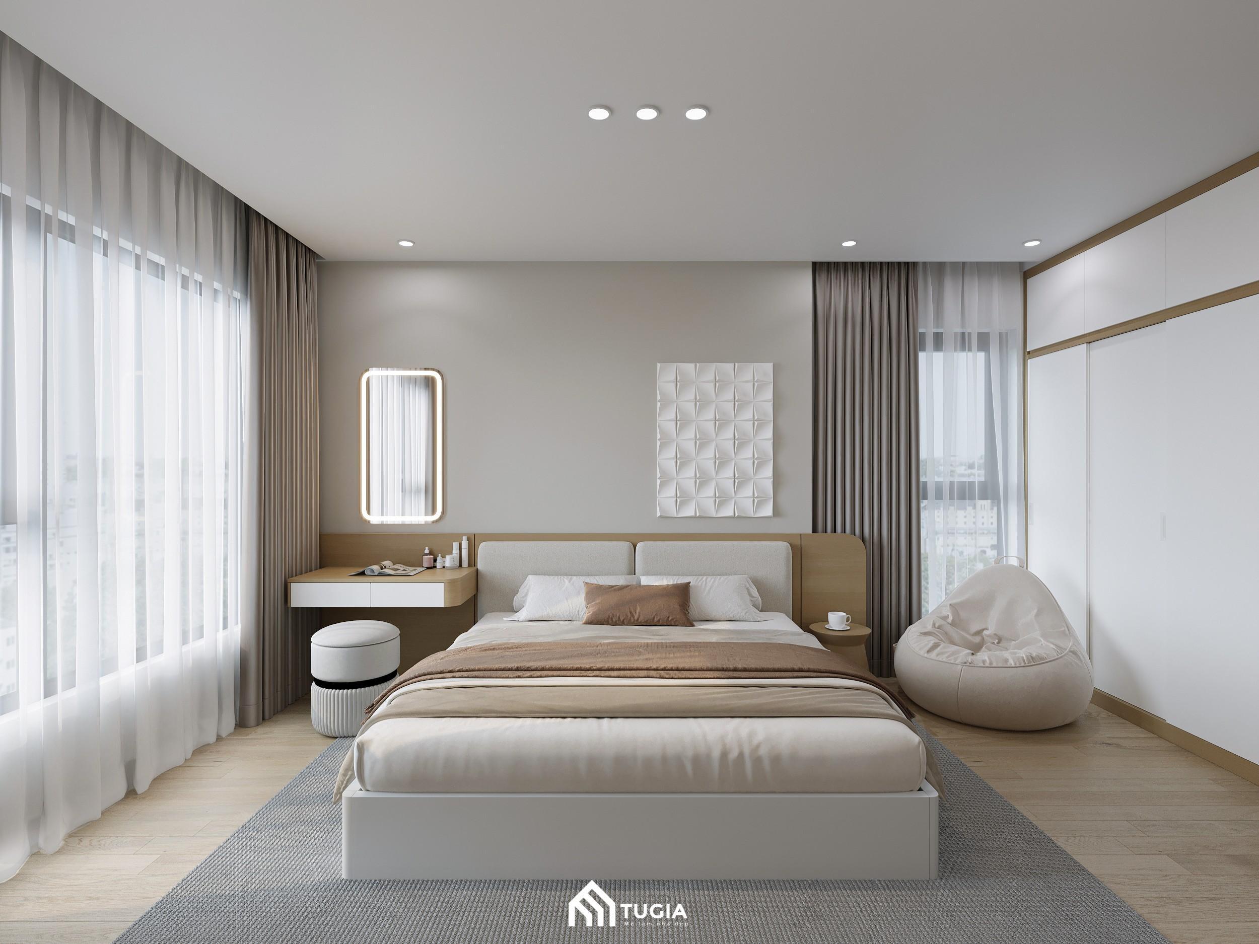 Không gian phòng ngủ được thiết kế hiện đại với gam màu trung tính nhẹ nhàng mang đến cảm giác thư giãn và dễ chịu