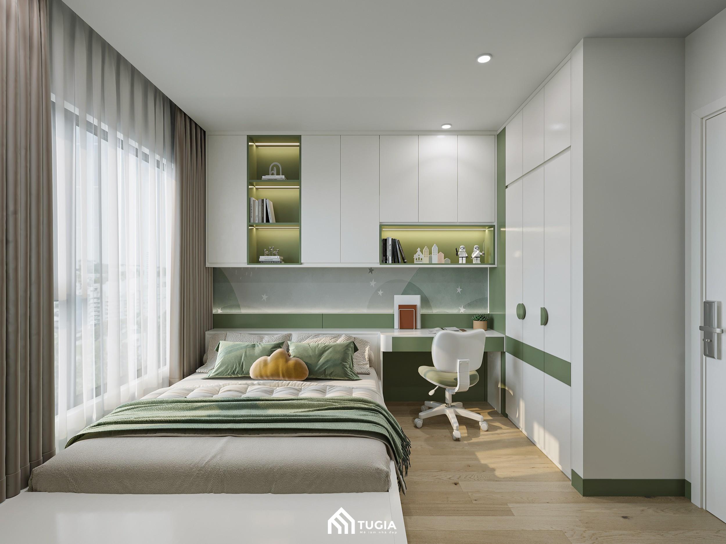 Tone màu trắng - xanh lá nhạt chủ đạo mang đến cảm giác nhẹ nhàng, thanh thoát và rất phù hợp cho không gian nghỉ ngơi
