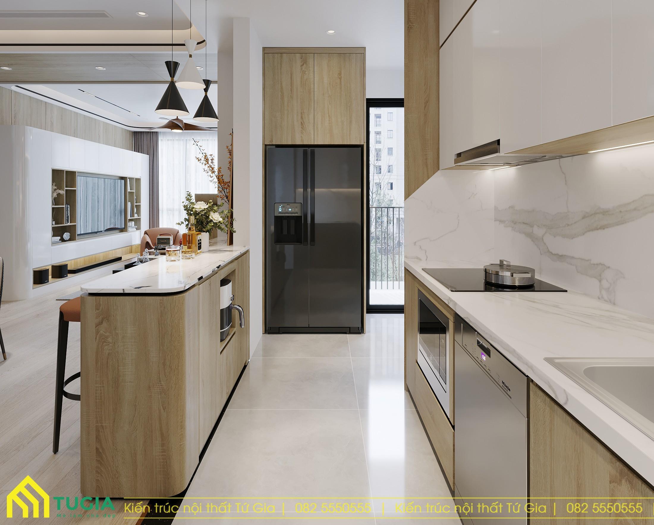 Các thiết bị trong căn bếp đều được bố trí một cách thông minh và khoa học giúp việc nấu nướng thuật tiện hơn