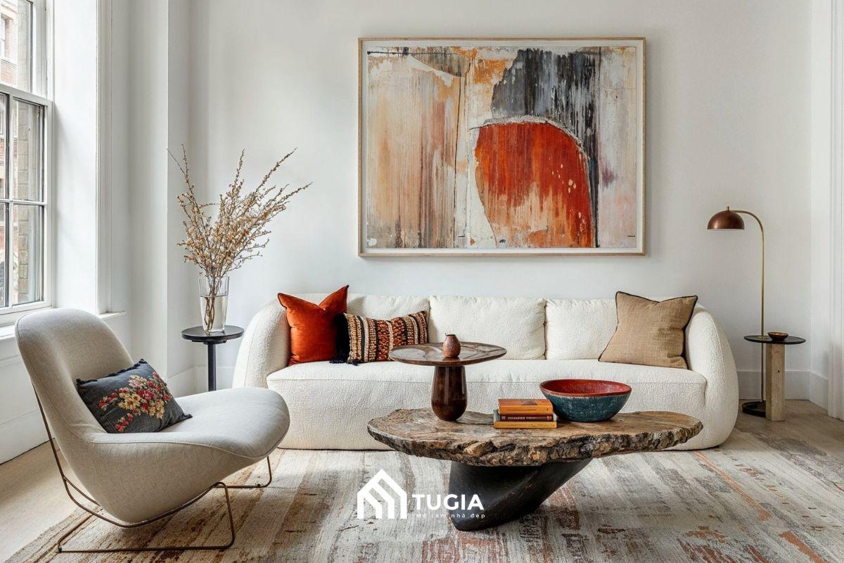 Mẫu thiết kế phòng khách chung cư 3 ngủ phong cách Wabi Sabi sở hữu nét đẹp thô mộc và bình yên