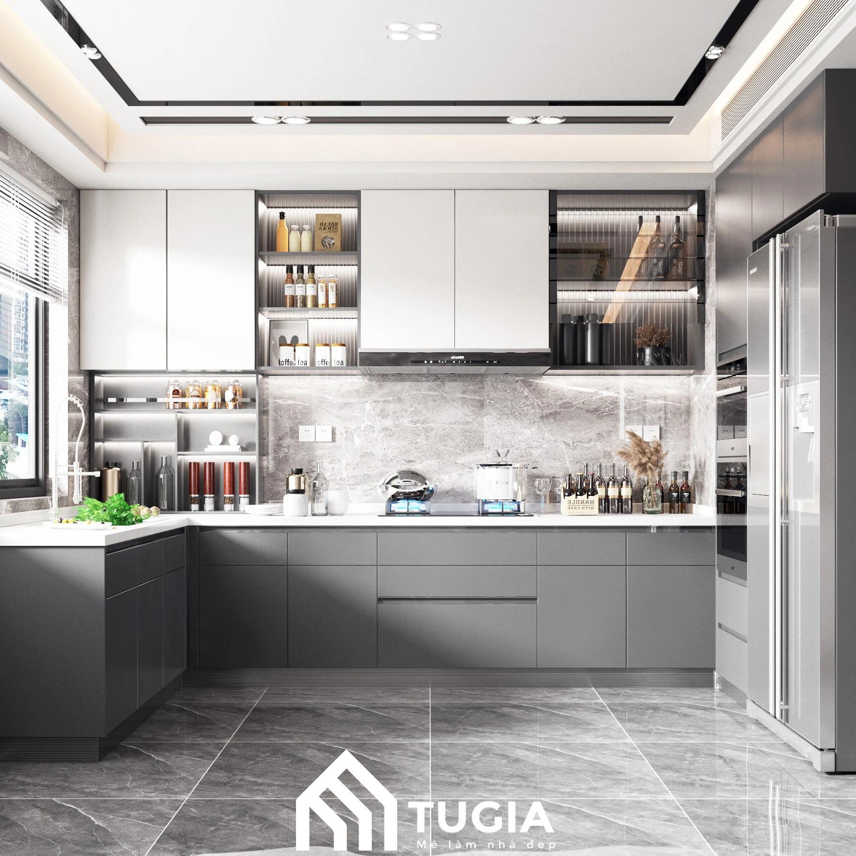 Không gian phòng bếp trong căn hộ 70m2 được thiết kế dạng chữ L giúp gia chủ thoải mái di chuyển khi nấu nướng