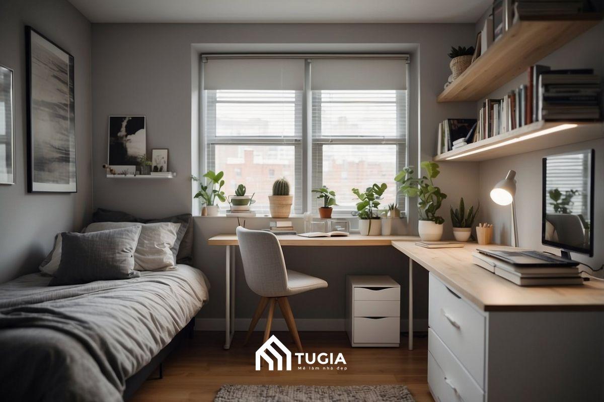 Thiết kế hệ bàn học kéo dài hình chữ L kết hợp kệ treo tường để gia tăng không gian học tập, làm việc và thư giãn
