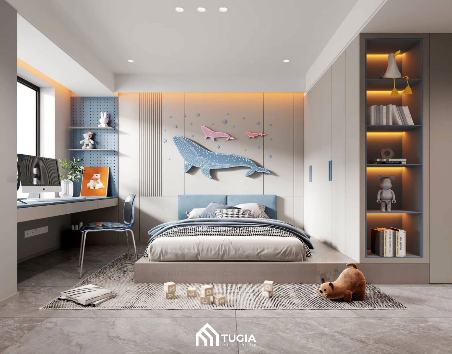 Phòng ngủ bé trai sử dụng nội thất đa năng, âm tường tăng diện tích lưu trữ, rèn luyện thói quen ngăn nắp cho con