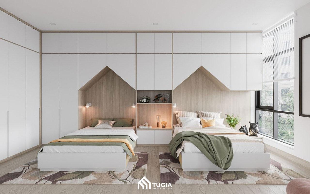 Mẫu thiết kế phòng ngủ cho 2 bé gái đơn giản nhẹ nhàng với tone màu xám trắng đẹp mắt