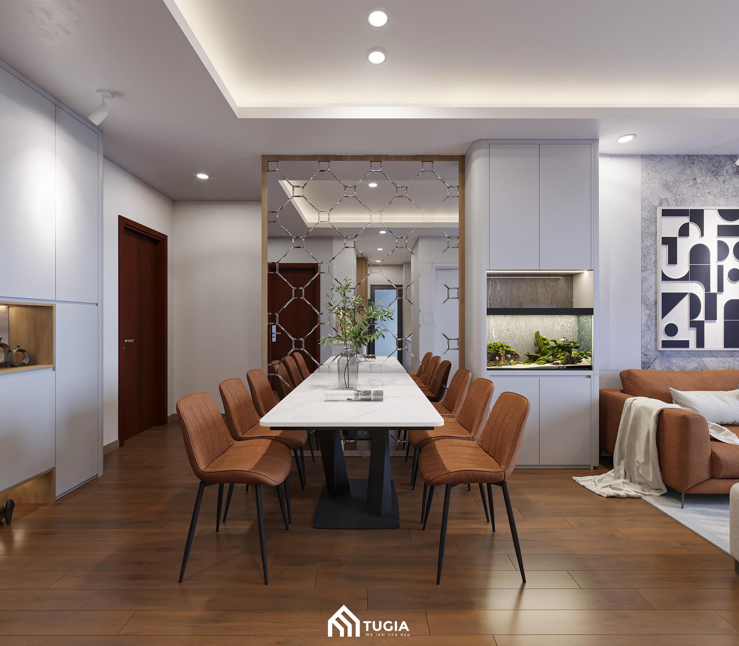 Khu vực ăn uống với hệ vách ngăn ốp gương nghệ thuật vừa mang tính trang trí, vừa giúp không gian như được mở rộng hơn