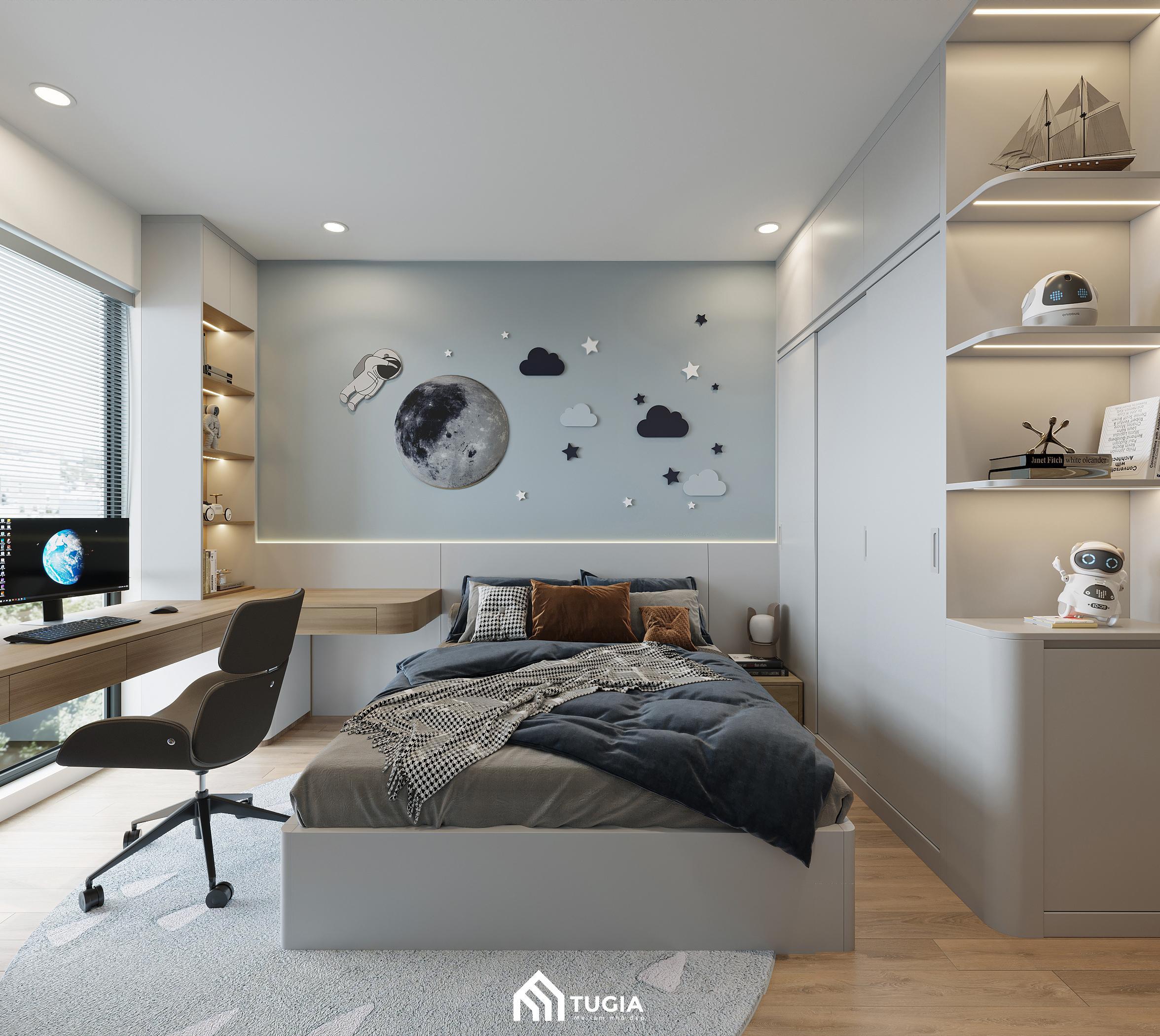 Phòng ngủ phụ cho bé được thiết kế sinh động với mảng tường trang trí chủ đề vũ trụ giúp khơi gợi trí tưởng tượng và sự sáng tạo