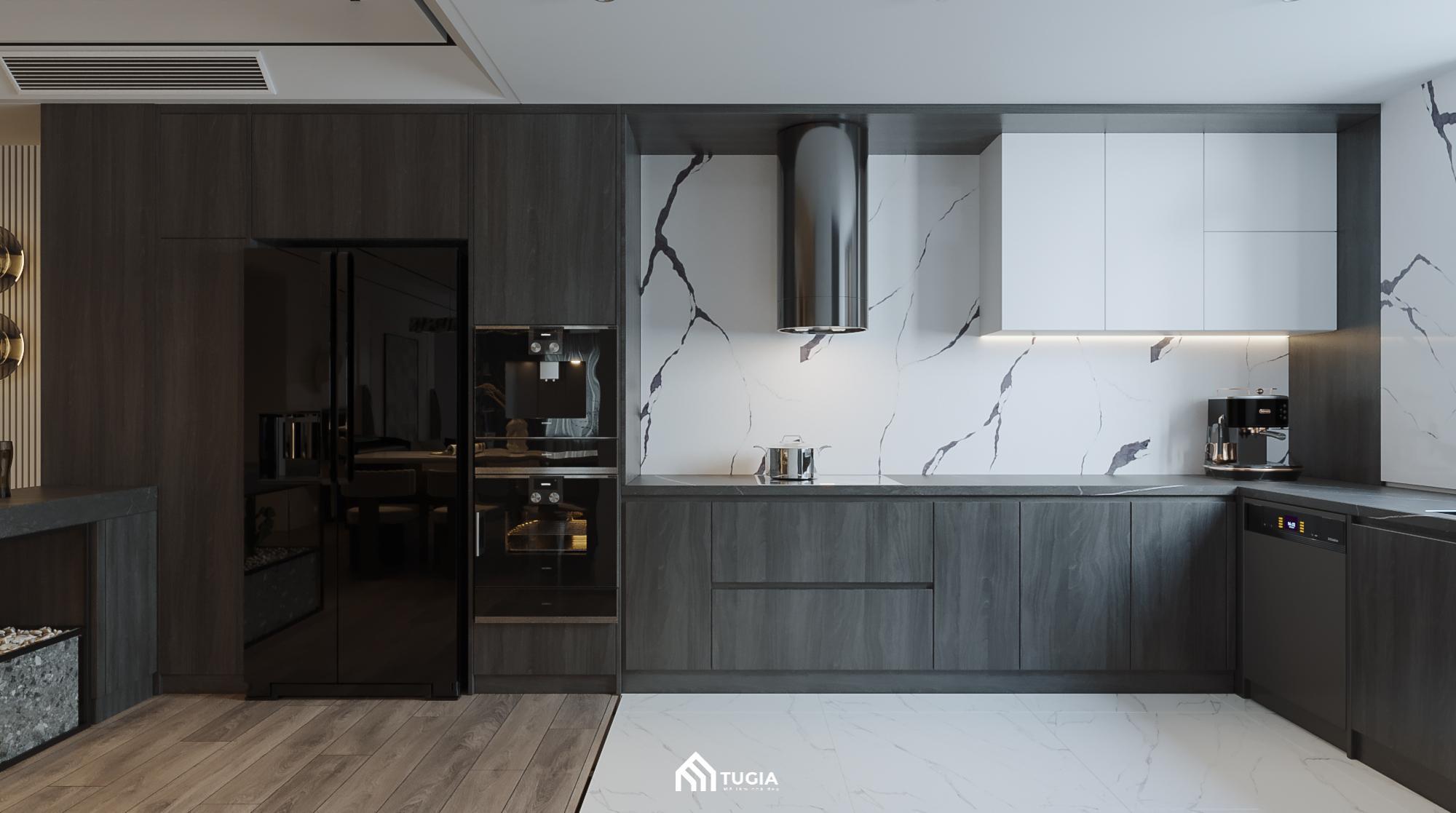 Hệ tủ bếp gỗ công nghiệp MDF phủ melamine tối màu cùng mặt bếp đá Marble vừa hiện đại vừa dễ vệ sinh
