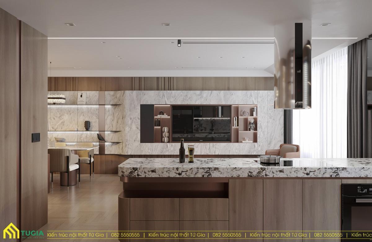 Tủ bếp bằng gỗ công nghiệp MDF cùng mặt bàn bếp đá Marble vừa hiện đại vừa sạch sẽ