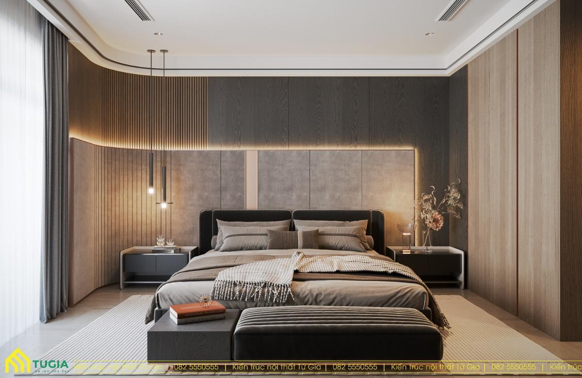 Thiết kế phòng ngủ sang trọng với tone màu trầm ấm cùng hệ thống lam sóng đầu giường vô cùng ấn tượng