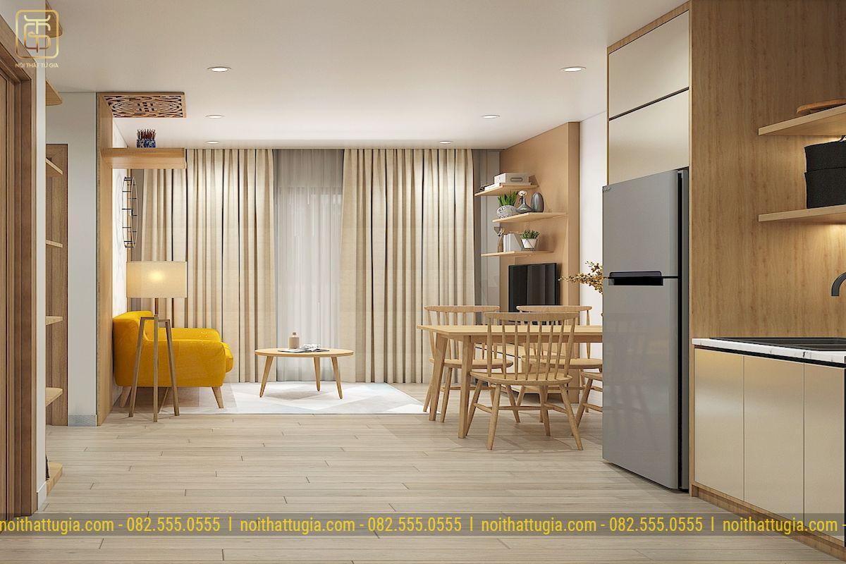 Nội thất chung cư 45m2 có thiết kế đơn giản với chất liệu gỗ công nghiệp vừa hiện đại, vừa bền bỉ