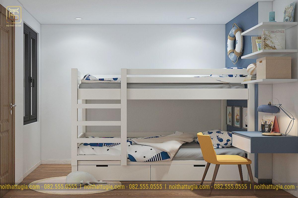 Tone màu chủ đạo xanh - trắng nhẹ nhàng kết hợp với các chi tiết trang trí phù hợp với độ tuổi của bé là đặc trưng thường thấy trong phong cách thiết kế nhẹ nhàng, thanh lịch