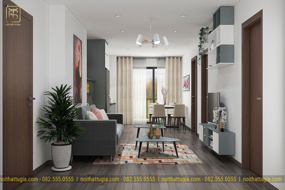 Với thiết kế nội thất chung cư 45m2 1 phòng ngủ thì xu hướng bố trí phòng khách liền bếp sẽ giúp mở rộng không gian và tăng thêm diện tích sử dụng