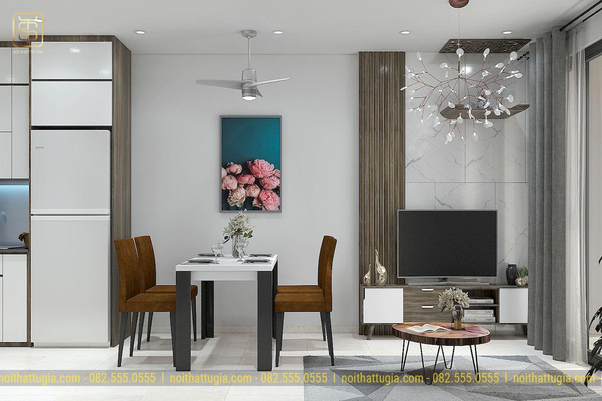 Phòng khách liền bếp hiện đại với chiếc đèn trần độc đáo và mới lạ màu trắng tinh khiết tạo điểm nhấn cho không gian