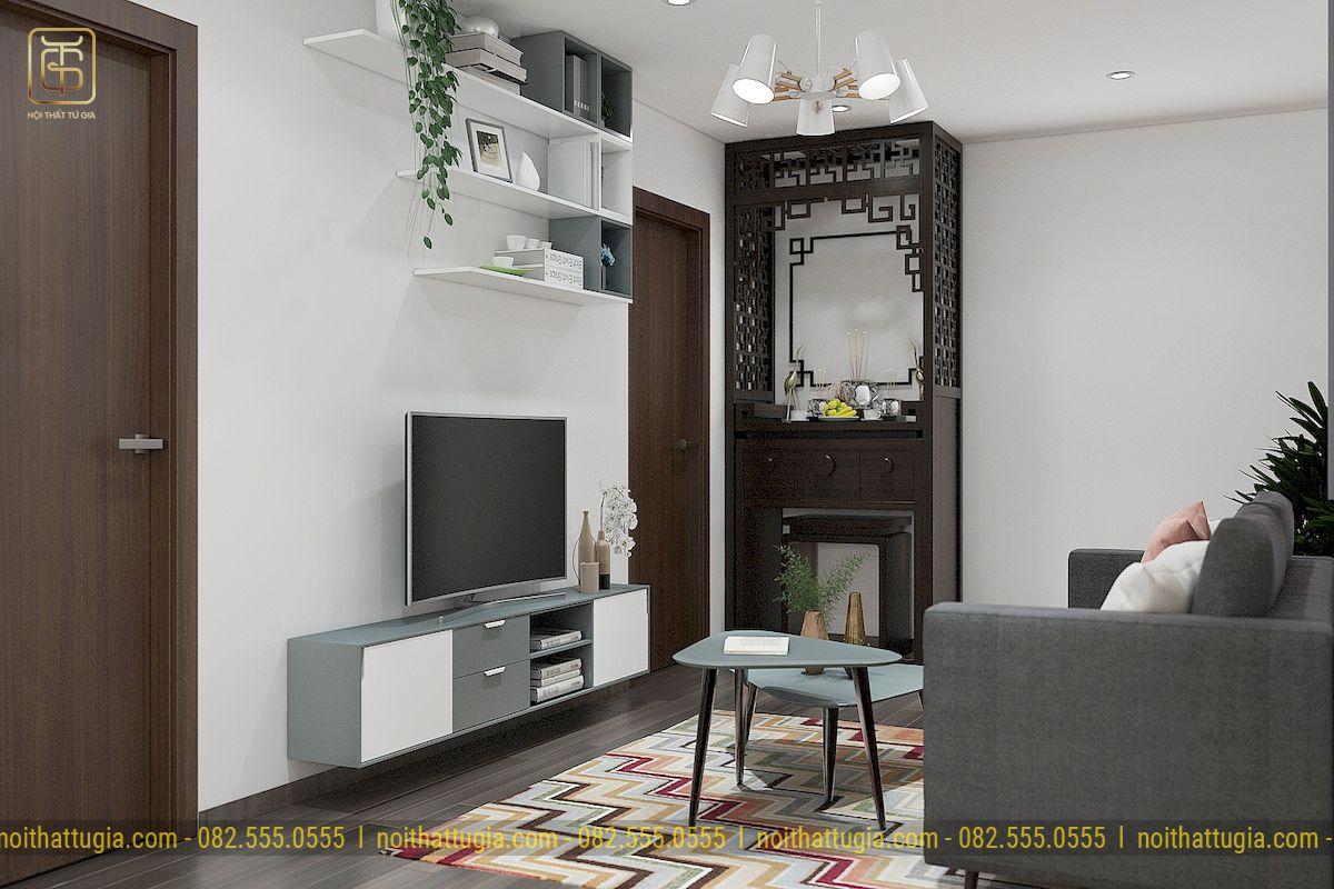 Nội thất phòng khách đơn giản, nhỏ gọn vừa đảm bảo tiện nghi, vừa có tính thẩm mỹ cao
