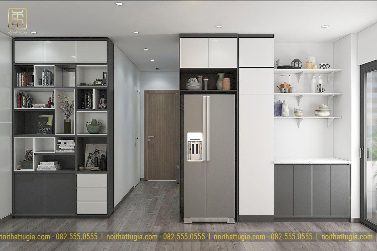 Với phong cách tối giản thì việc kết hợp tủ bếp kịch trần và tủ lạnh giúp cho căn bếp trở nên tiện nghi, thông minh hơn
