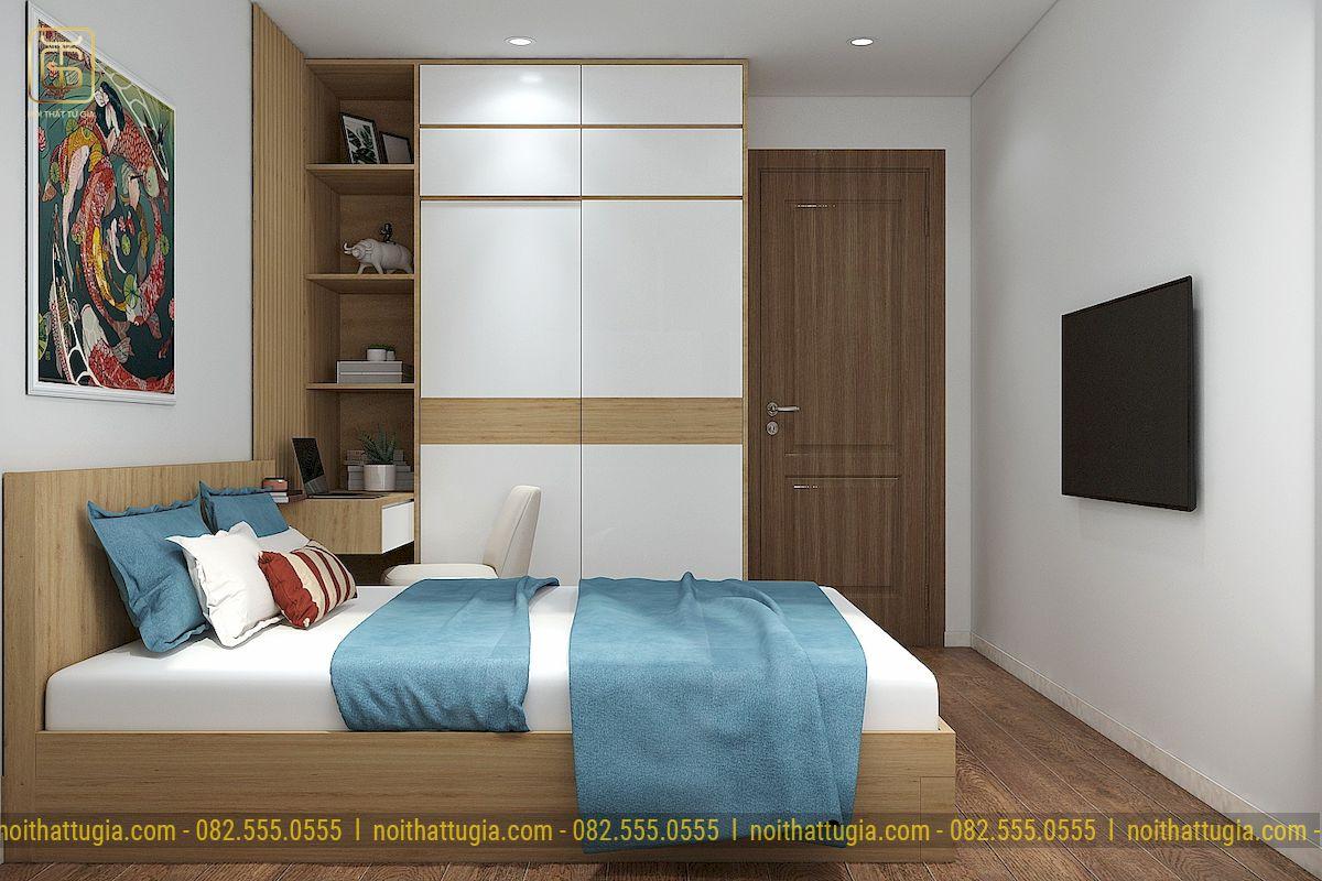 Với thiết kế nội thất chung cư 45m2 phong cách nhẹ nhàng thì giường ngủ đều được đặt ở trung tâm căn phòng để thuận tiện cho quá trình sinh hoạt