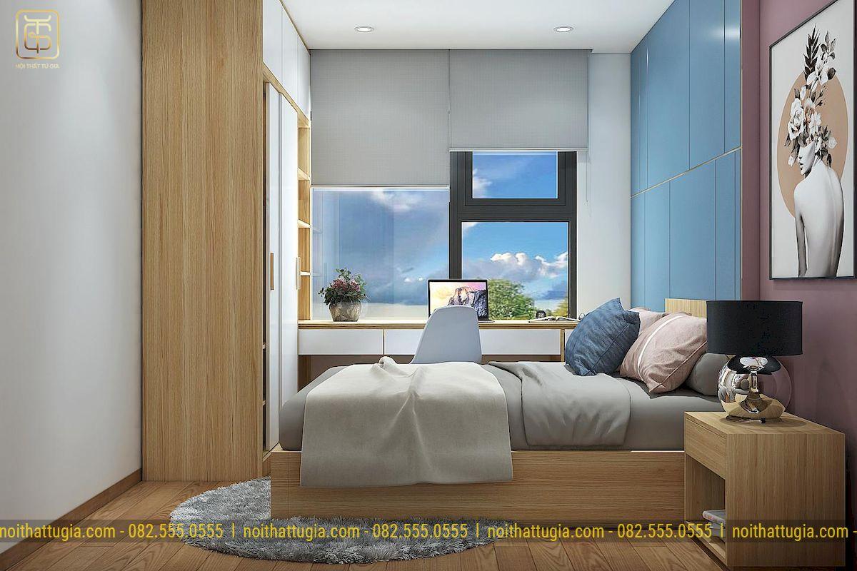 Tủ quần áo kịch trần được đặt ở góc tường giúp tối ưu không gian lưu trữ và giảm cảm giác trật trội