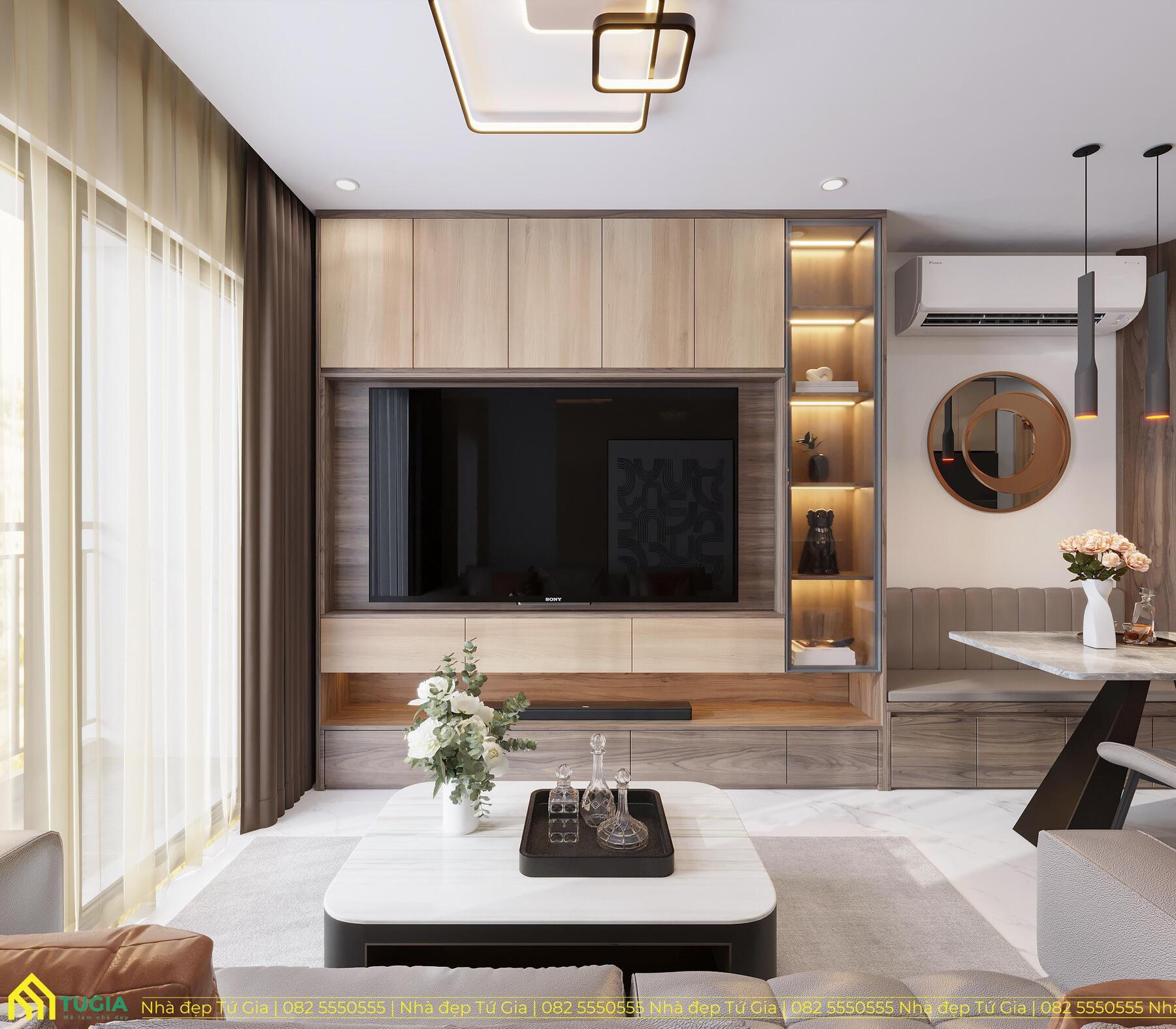 Không gian phòng khách chung cư hiện đại với bộ sofa và bàn trà cao cấp