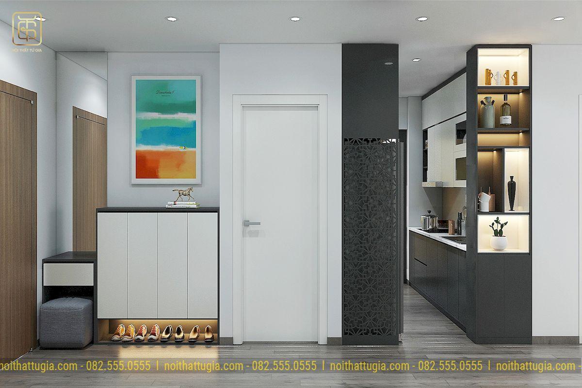 Góc bếp gọn gàng, đầy đủ tiện nghi với thiết kế nội thất thông minh, hiện đại là đặc trưng cơ bản của thiết kế nội thất chung cư 50m2 phong cách hiện đại