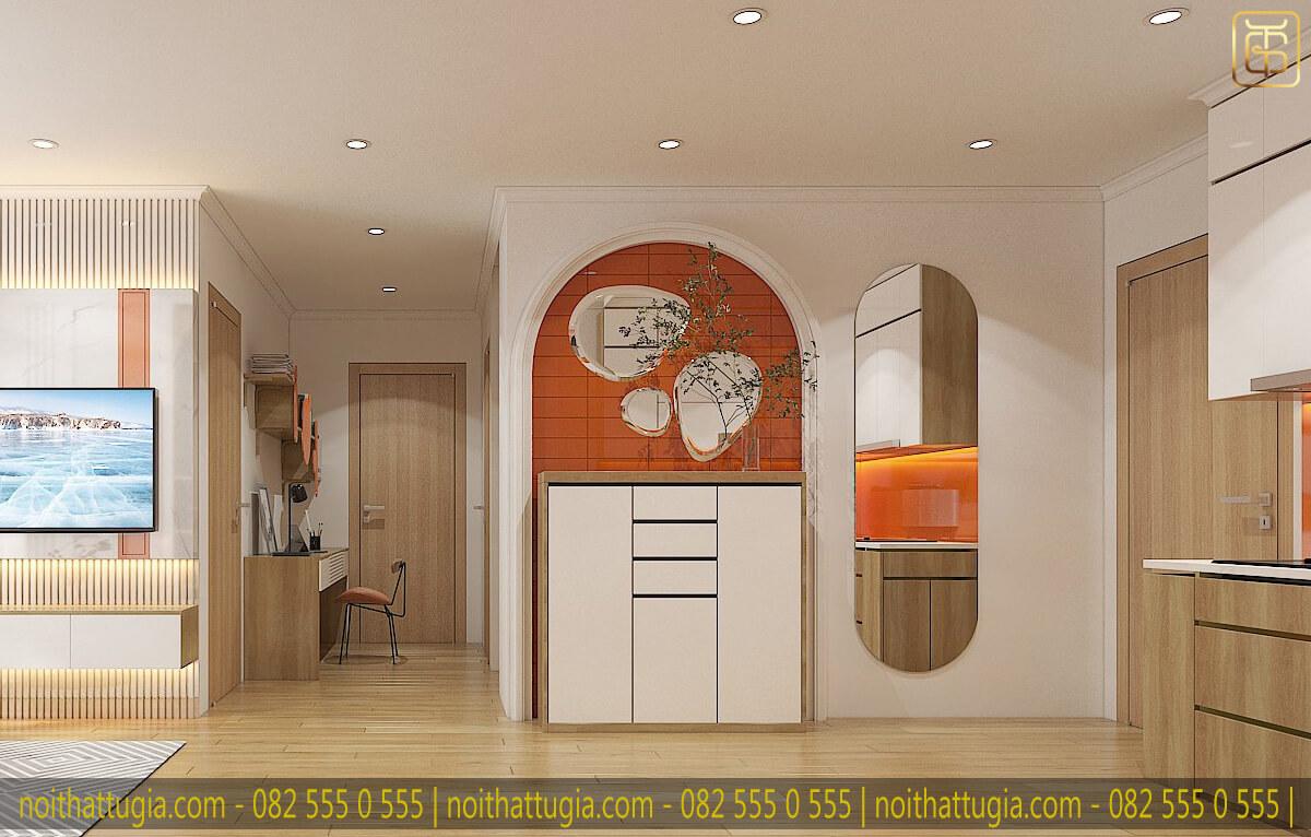 Thiết kế căn hộ chung cư 50m2 với khu vực tủ giày màu cam lạ mắt vô cùng nổi bật