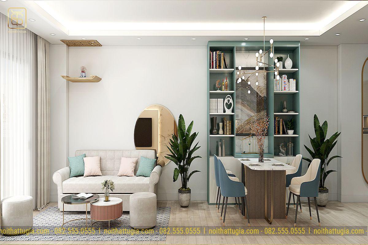 Mẫu thiết kế căn hộ 50m2 2 phòng ngủ phong cách hiện đại kết hợp với cây xanh tạo sự thoải mái