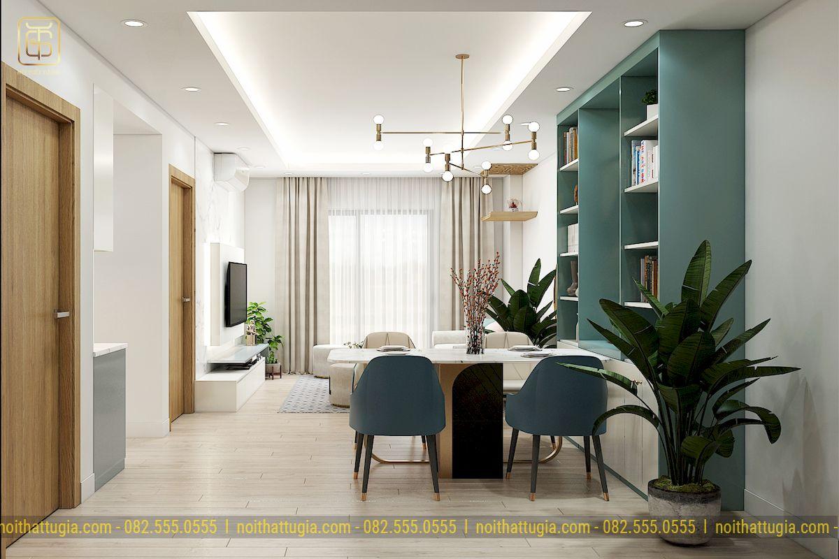 Phòng khách thông thoáng với cửa ban công lớn và đèn thả độc đáo là đặc trưng thường thấy trong phong cách thiết kế hiện đại