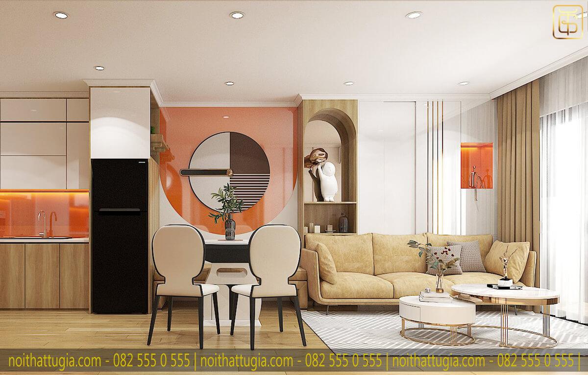 Thiết kế căn hộ 2 phòng ngủ 50m2 với phòng khách liền bếp mang lịa cảm giác rộng rãi hơn cho ngôi nhà