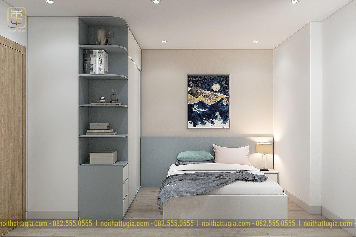 Tủ quần áo cao kịch trần giúp chủ nhân căn phòng thoải mái lưu trữ đồ đạc và tiết kiệm diện tích