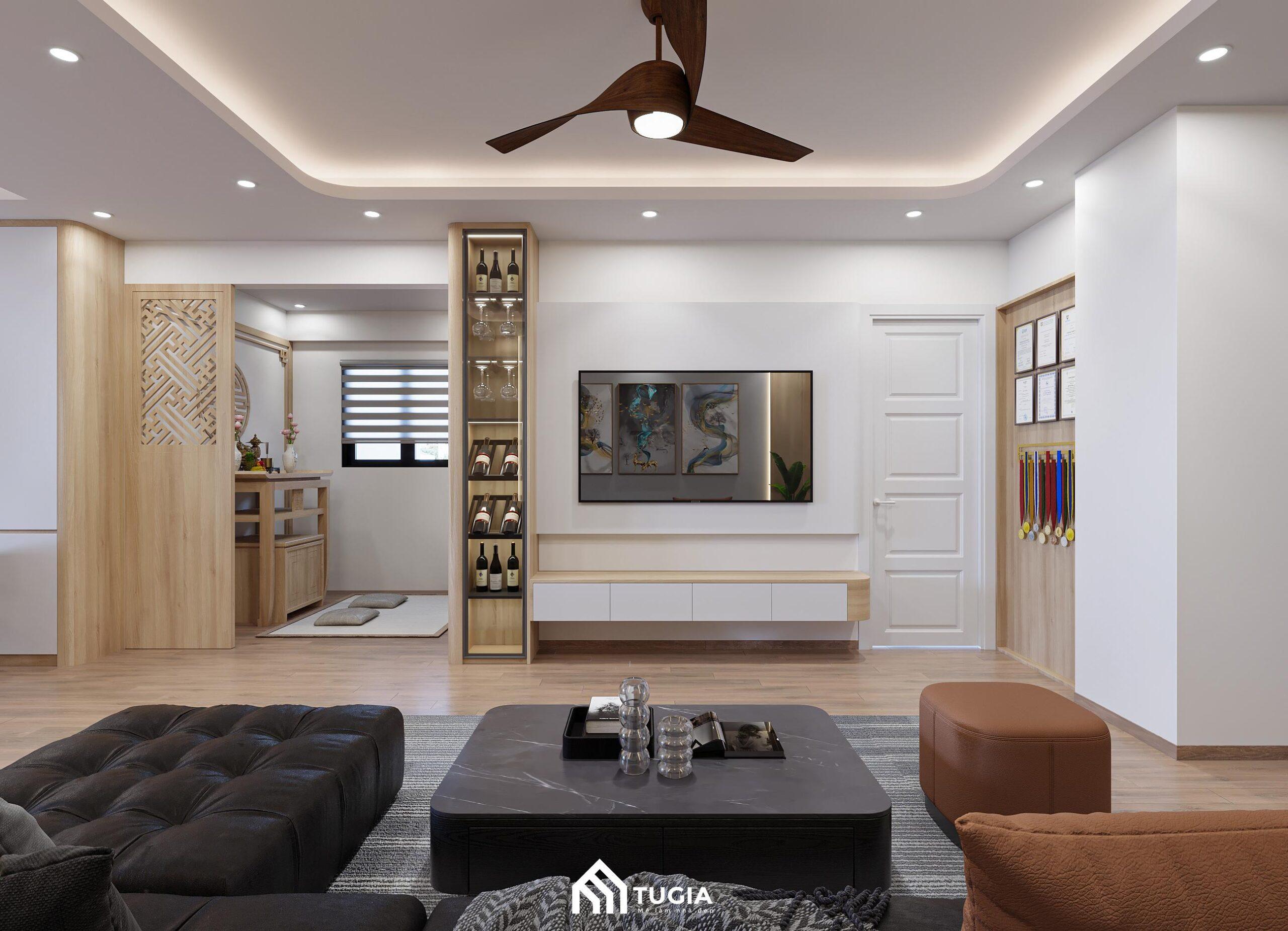 Thiết kế phòng khách chung cư 50m2 hiện đại với kệ tivi treo tường kết hợp tủ rượu