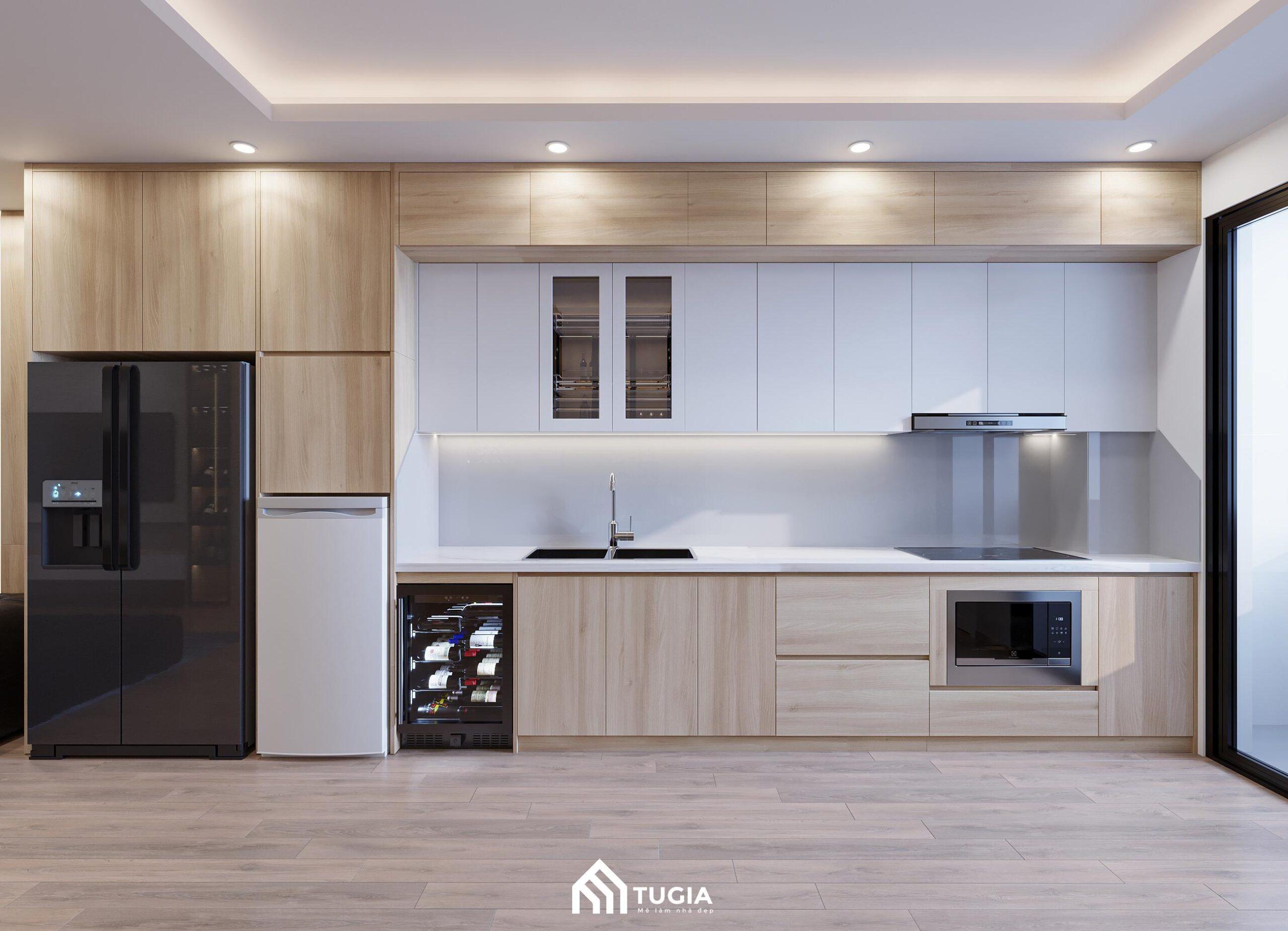 Hệ tủ bếp chữ I bằng gỗ công nghiệp MDF phù Melamine bền bỉ và thẩm mỹ cao