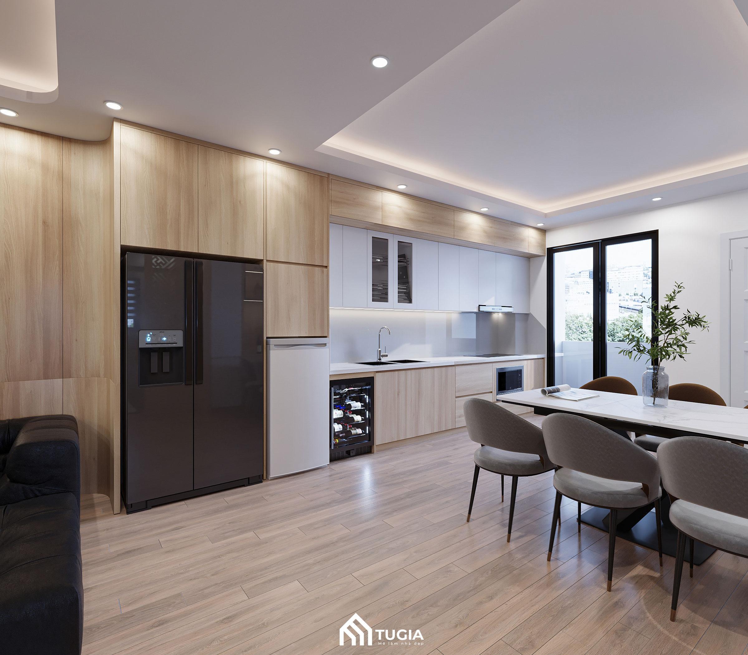 Thiết kế phòng khách liền thông với phòng bếp giúp tận dụng tối đa không gian
