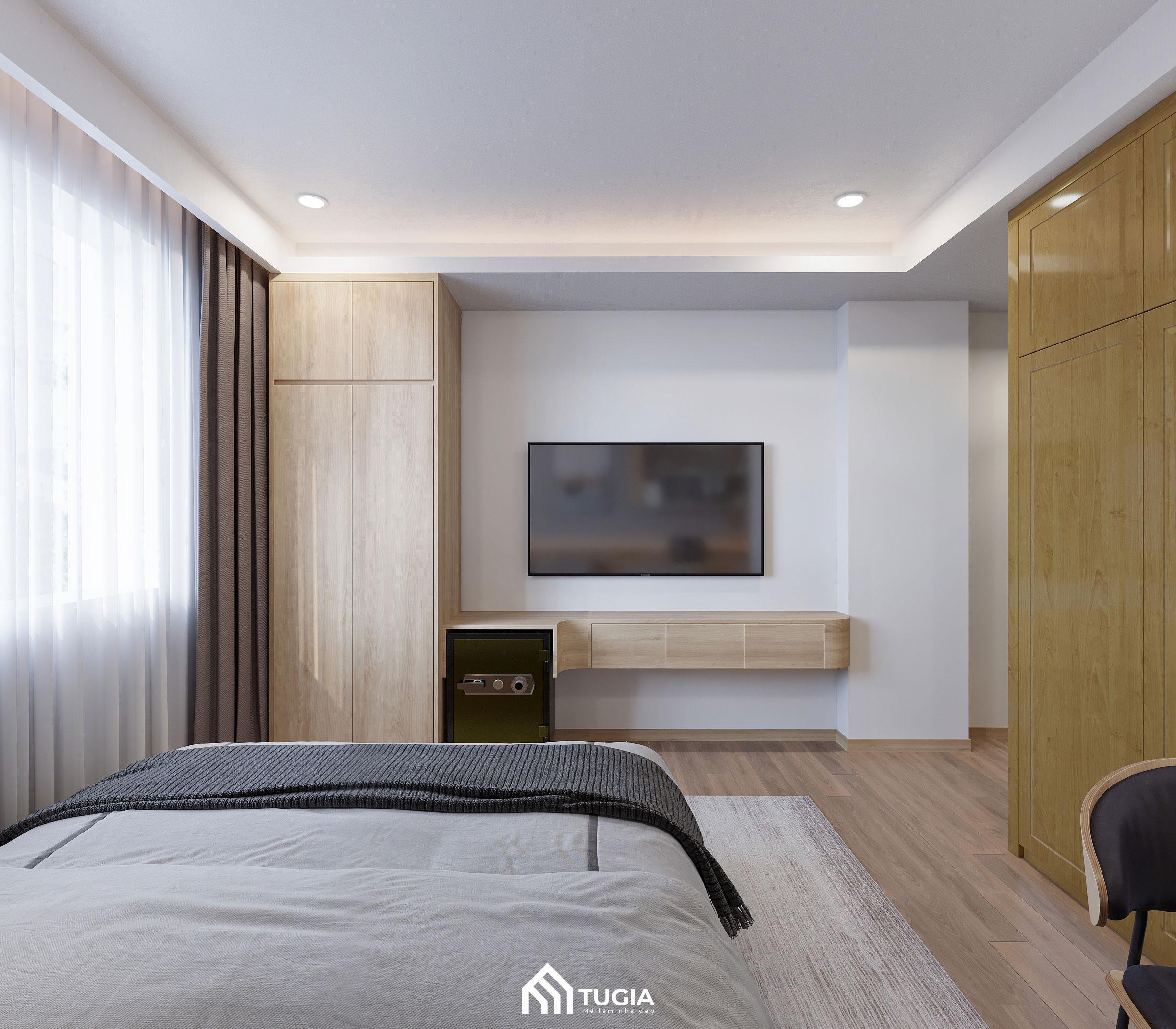 Thiết kế nội thất chung cư 55m2 tủ quần áo kịch trần với điểm nhấn là những đường kim loại độc đáo