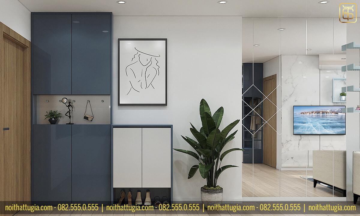 Thiết kế nội thất chung cư 55m2 với tủ để giày đặt cạnh tủ đề đồ giúp tối ưu diện tích cũng như công năng sử dụng
