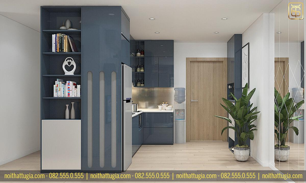 Khu vực bếp ăn ngay canh phòng khách của chung cư 55m2