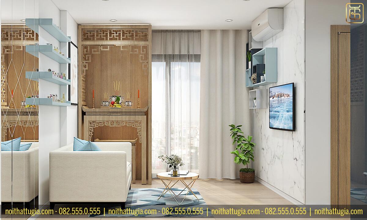 Thiết kế nội thất chung cư 55m2 với bàn thờ đẹp mắt tại không gian phòng khách