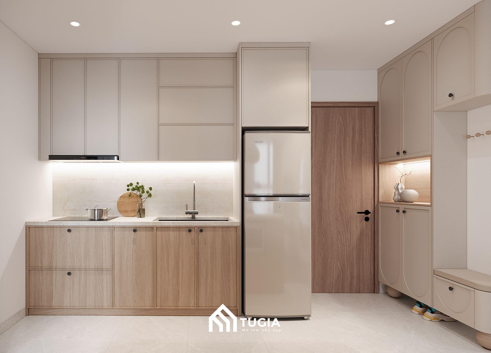 Khu vực lối vào có kệ đựng giày dép, đồ đạc và căn bếp nhỏ gọn