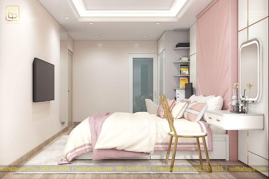 Mẫu phòng ngủ cho đôi vợ chồng trẻ tươi mới với tông mày hồng trắng chủ đạo